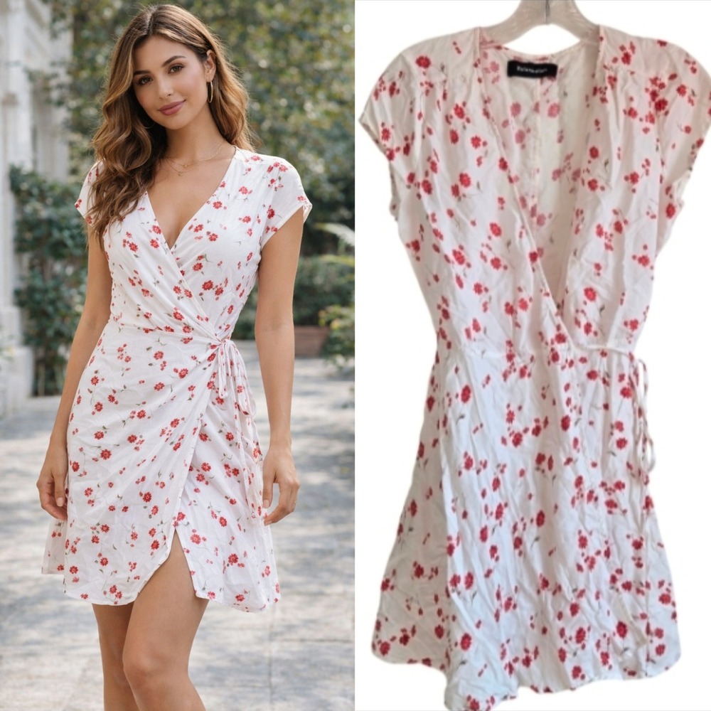 Reformation XS Ports White Red Floral Tencel‎ Linen Wrap Mini Short Sleeve Dress